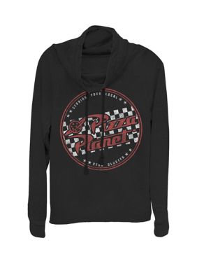 Disney Pixar Women's Toy Story Pizza Planet Checkered Logo Cowl Neck Pullover, Black, Large
