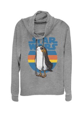 Star Wars Women's Last Jedi Porg Retro Stripes Logo Cowl Neck Graphic Pullover, Grey, Large