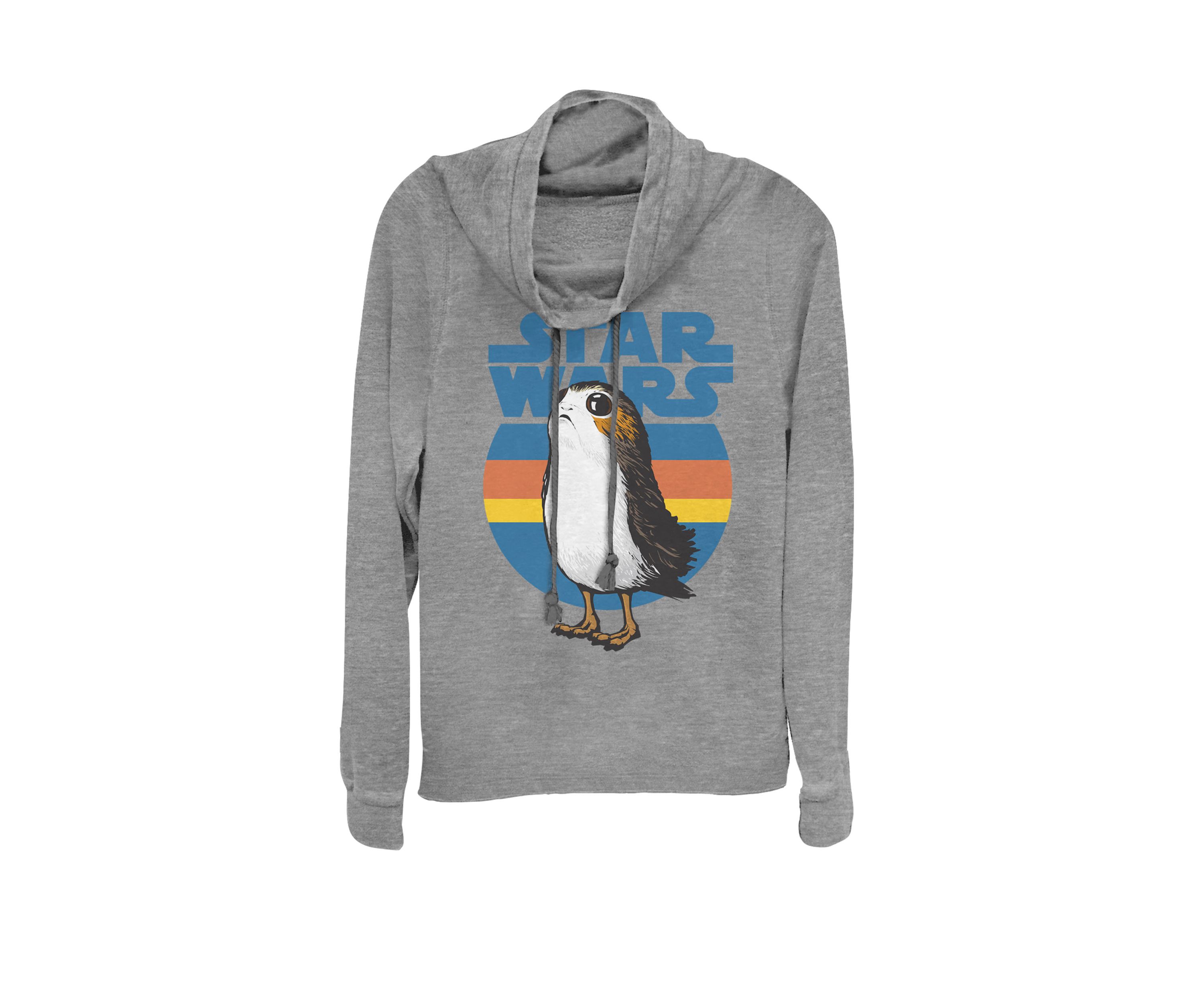 Last Jedi Porg Retro Stripes Logo Cowl Neck Graphic Pullover