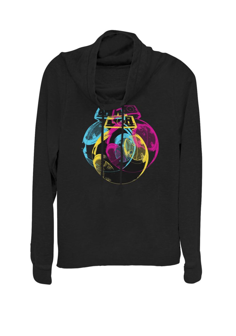 Juniors Neon BB-9 Cowl Neck Graphic Pullover