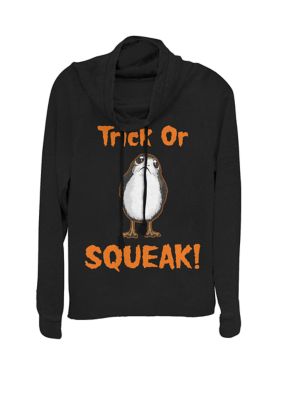 Star Wars Women's Junior's Trick Or Squeak Halloween Cowl Neck Graphic Pullover, Black, XSmall