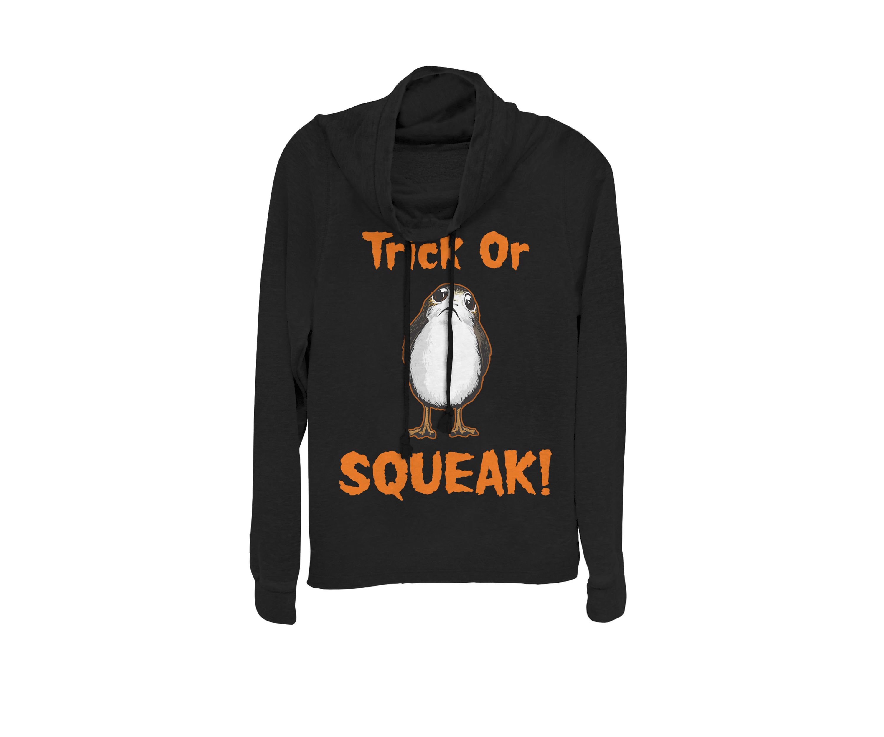 Juniors Trick Or Squeak Halloween Cowl Neck Graphic Pullover