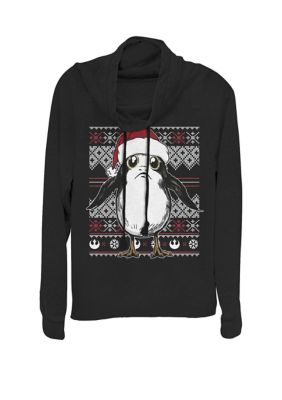 Star Wars Women's Junior's Christmas Santa Hat Porg Ugly Sweater Cowl Neck Graphic Pullover, Black, Large