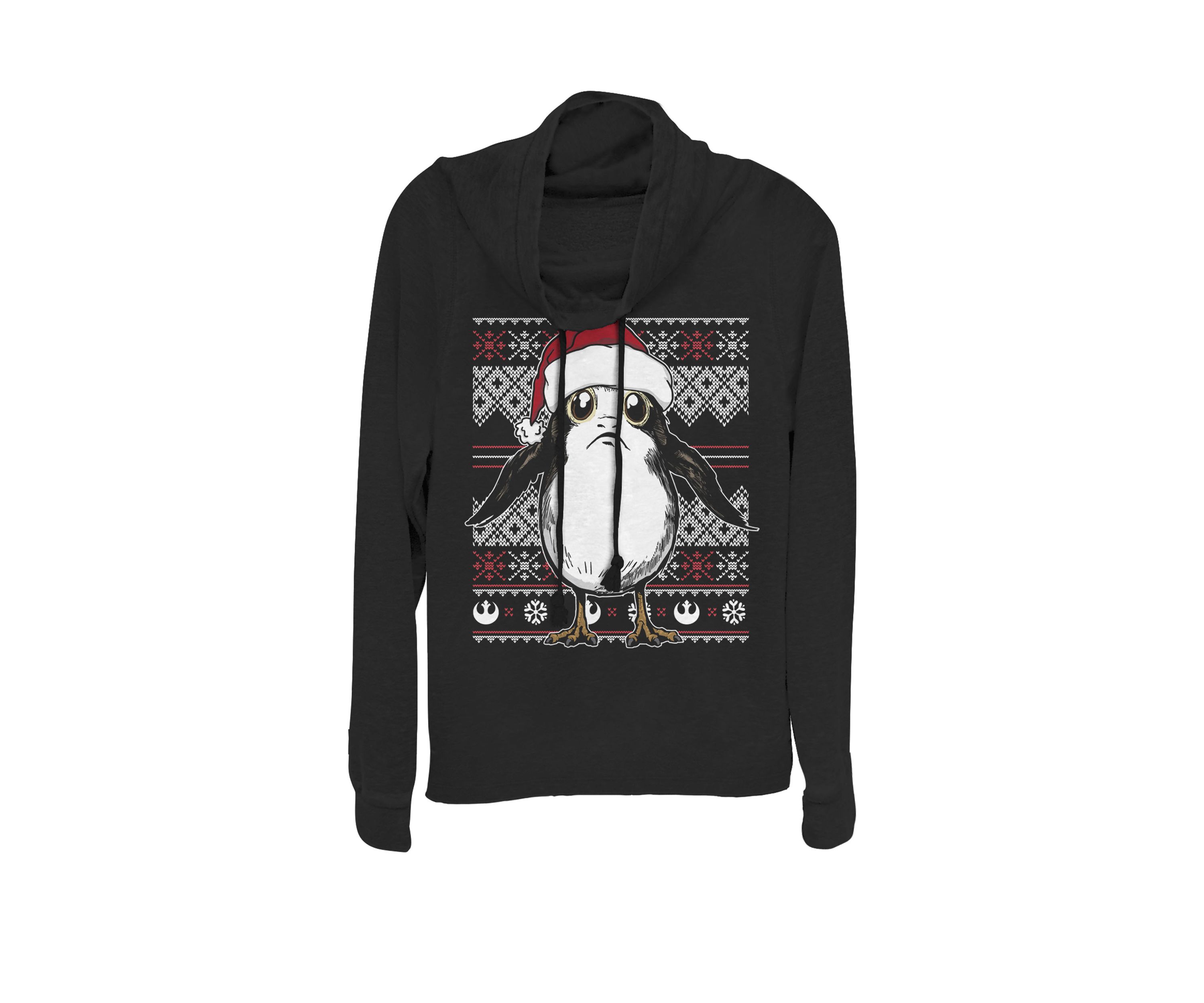 Juniors Christmas Santa Hat Porg Ugly Sweater Cowl Neck Graphic Pullover