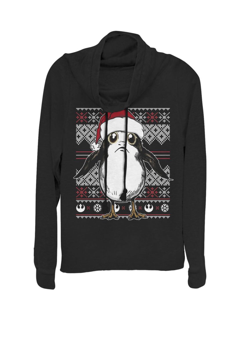 Juniors Christmas Santa Hat Porg Ugly Sweater Cowl Neck Graphic Pullover