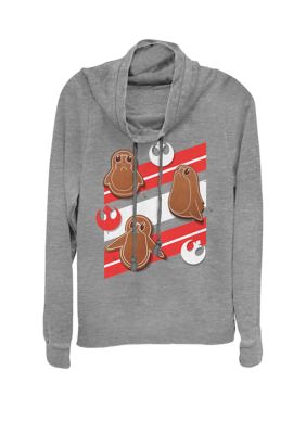Star Wars Women's Junior's Porg Gingerbread Cookies Christmas Stripes Cowl Neck Graphic Pullover, Grey, Large