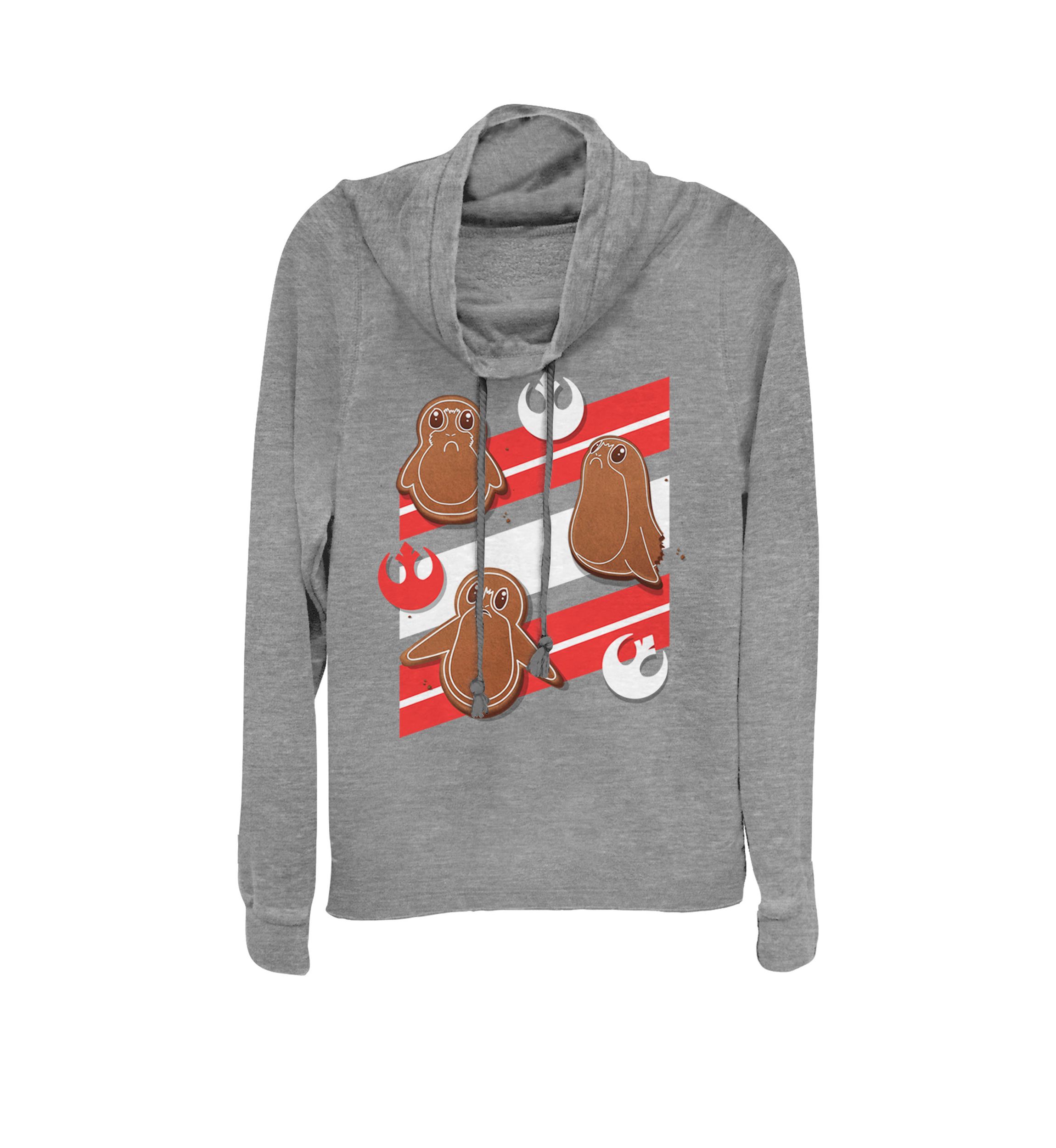 Juniors Porg Gingerbread Cookies Christmas Stripes Cowl Neck Graphic Pullover