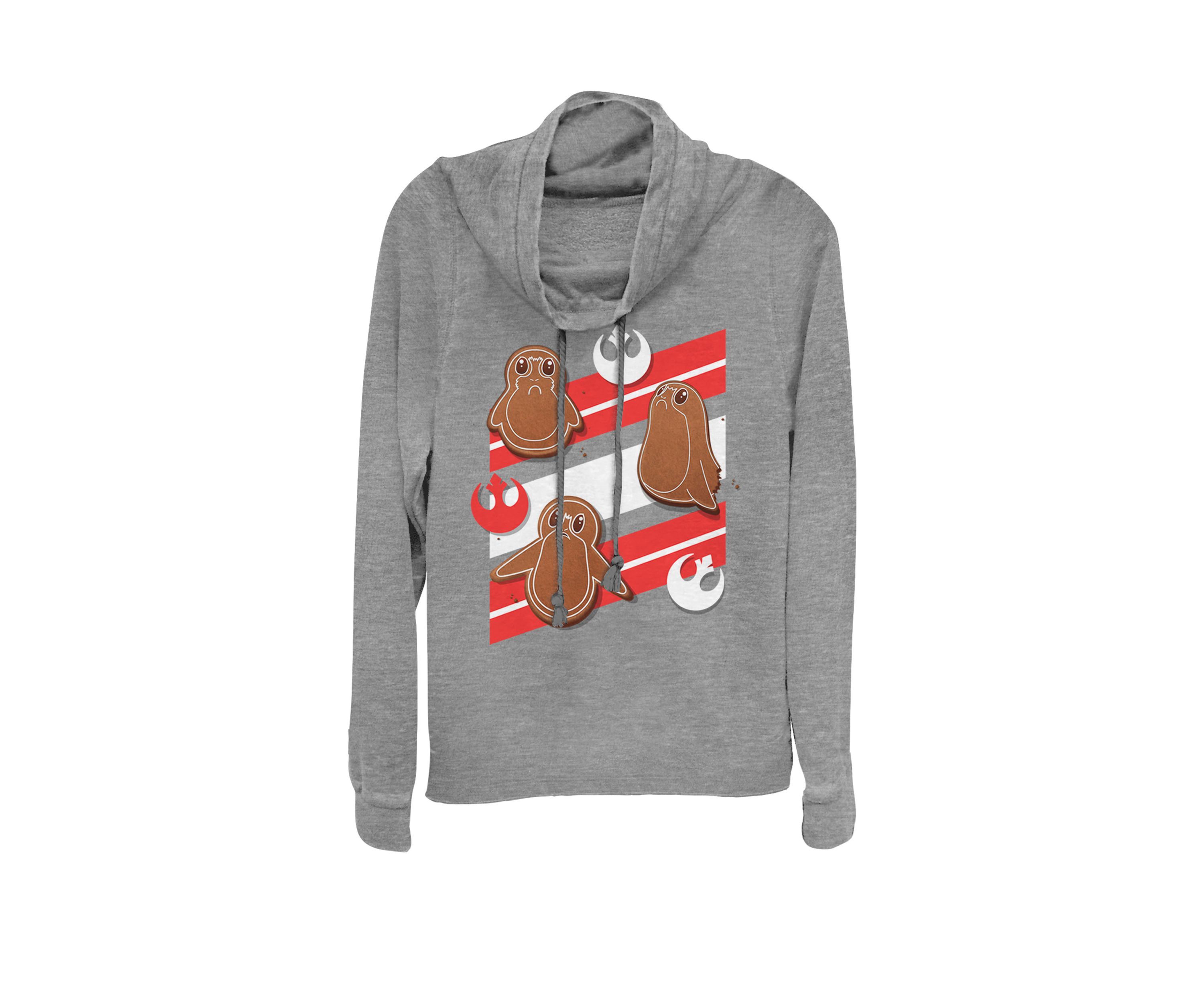 Juniors Porg Gingerbread Cookies Christmas Stripes Cowl Neck Graphic Pullover