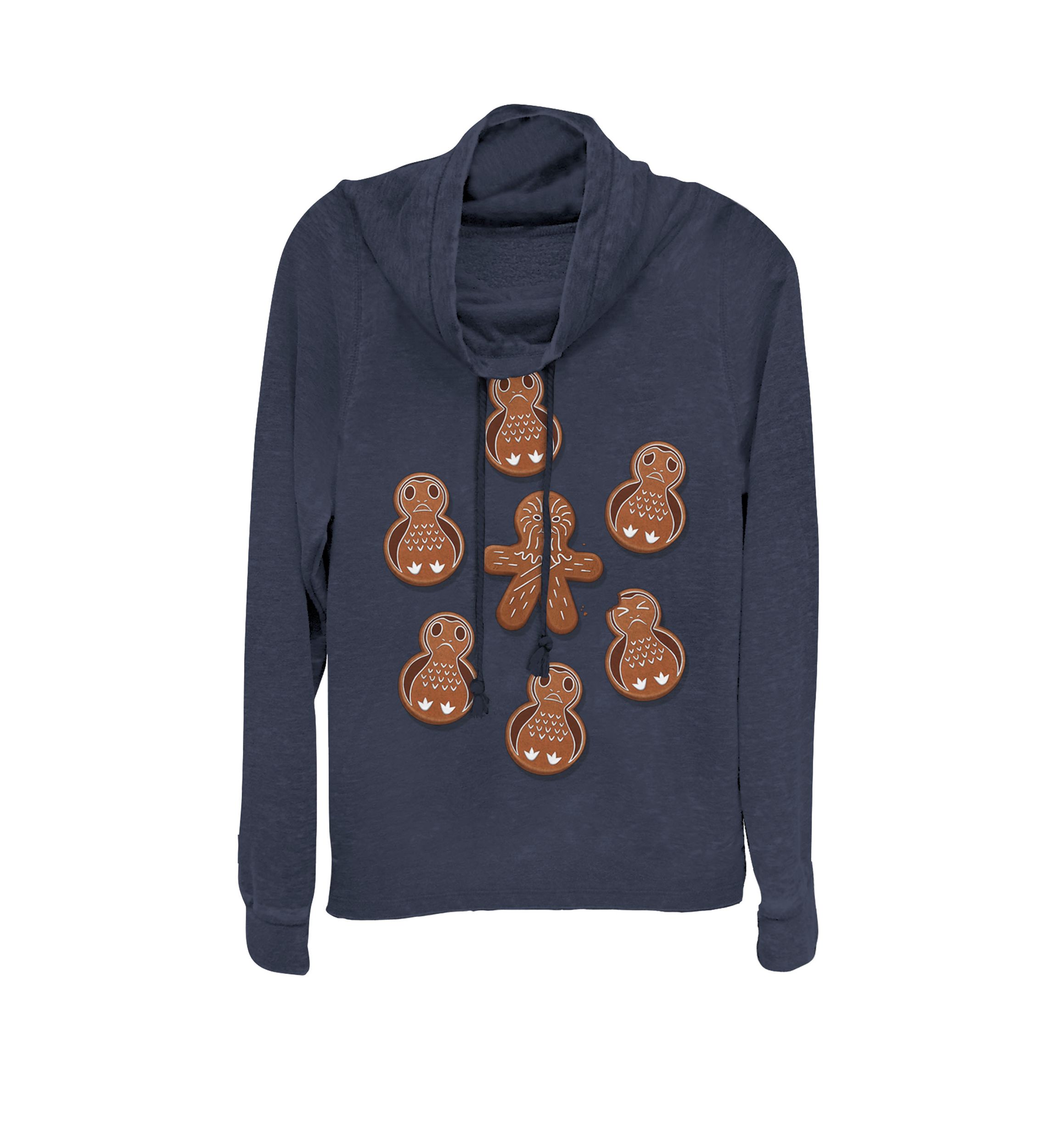 Juniors Chewie Porg Gingerbread Cookies Christmas Cowl Neck Graphic Pullover