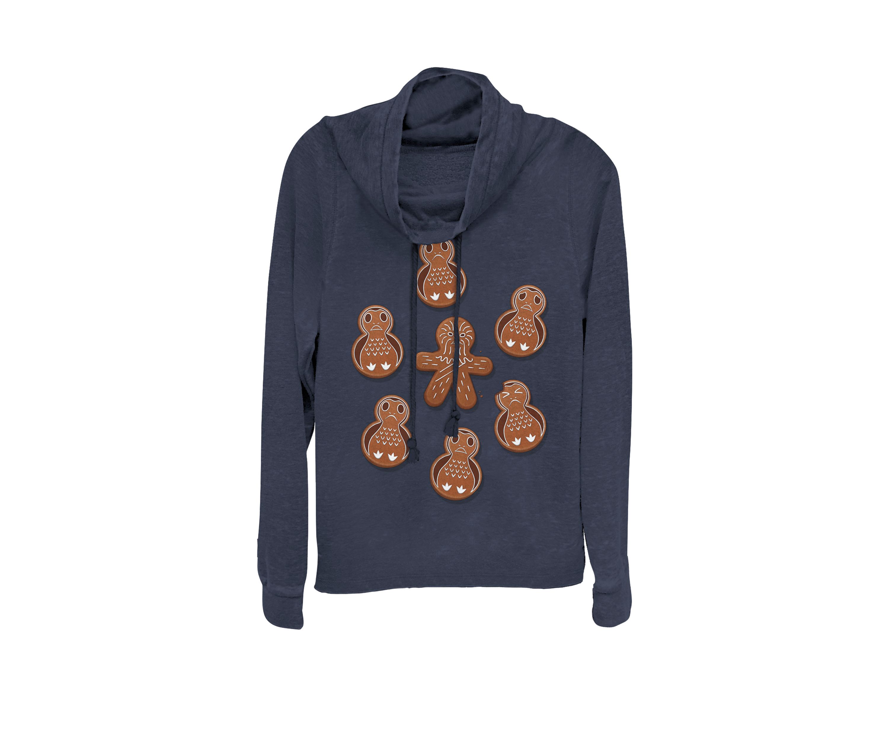 Juniors Chewie Porg Gingerbread Cookies Christmas Cowl Neck Graphic Pullover