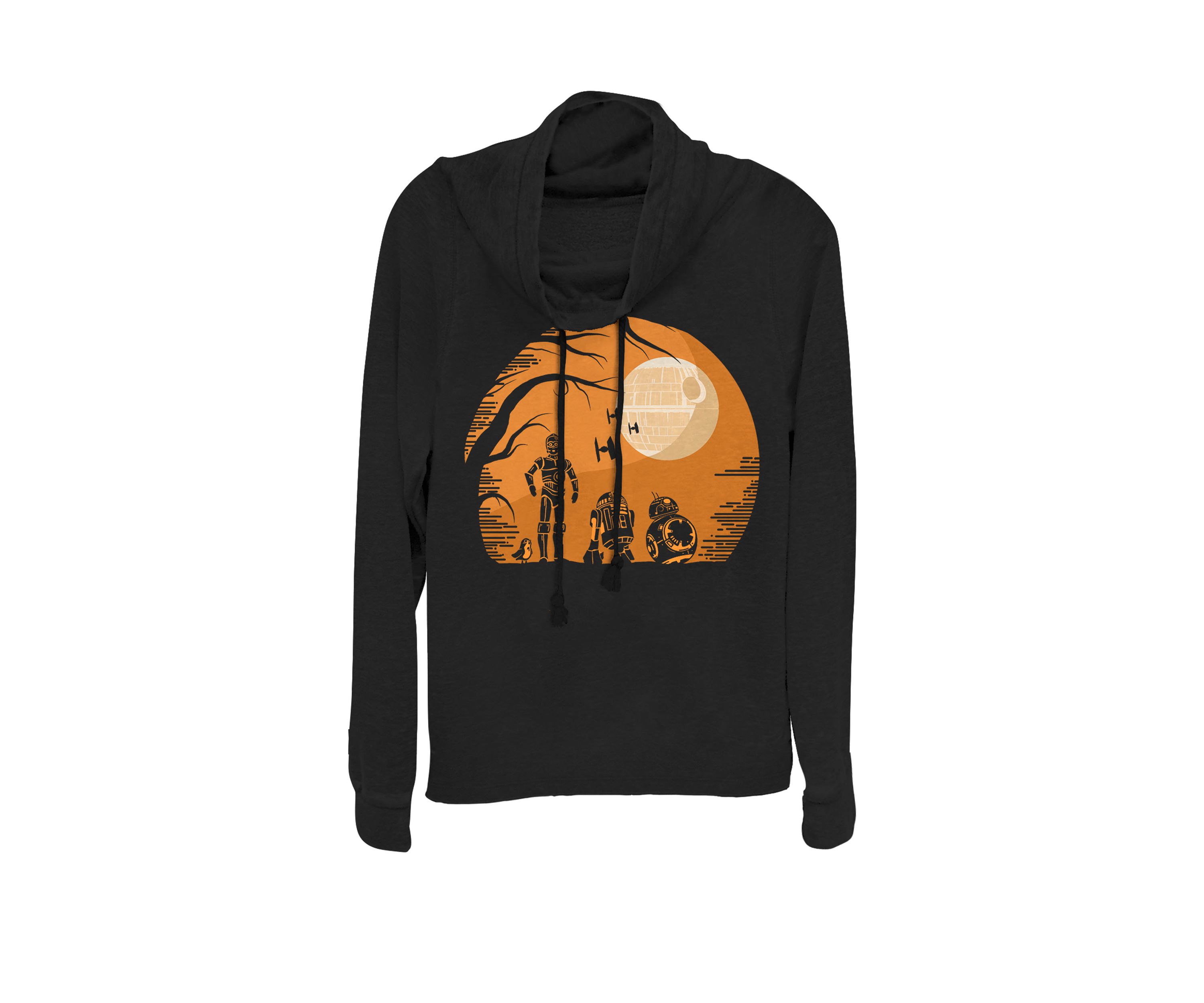 Juniors Droids Halloween Orange Hue Death Star Portrait Cowl Neck Graphic Pullover