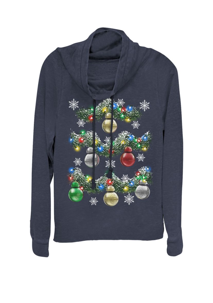 Juniors Christmas BB-8 Holiday Garland Cowl Neck Graphic Pullover