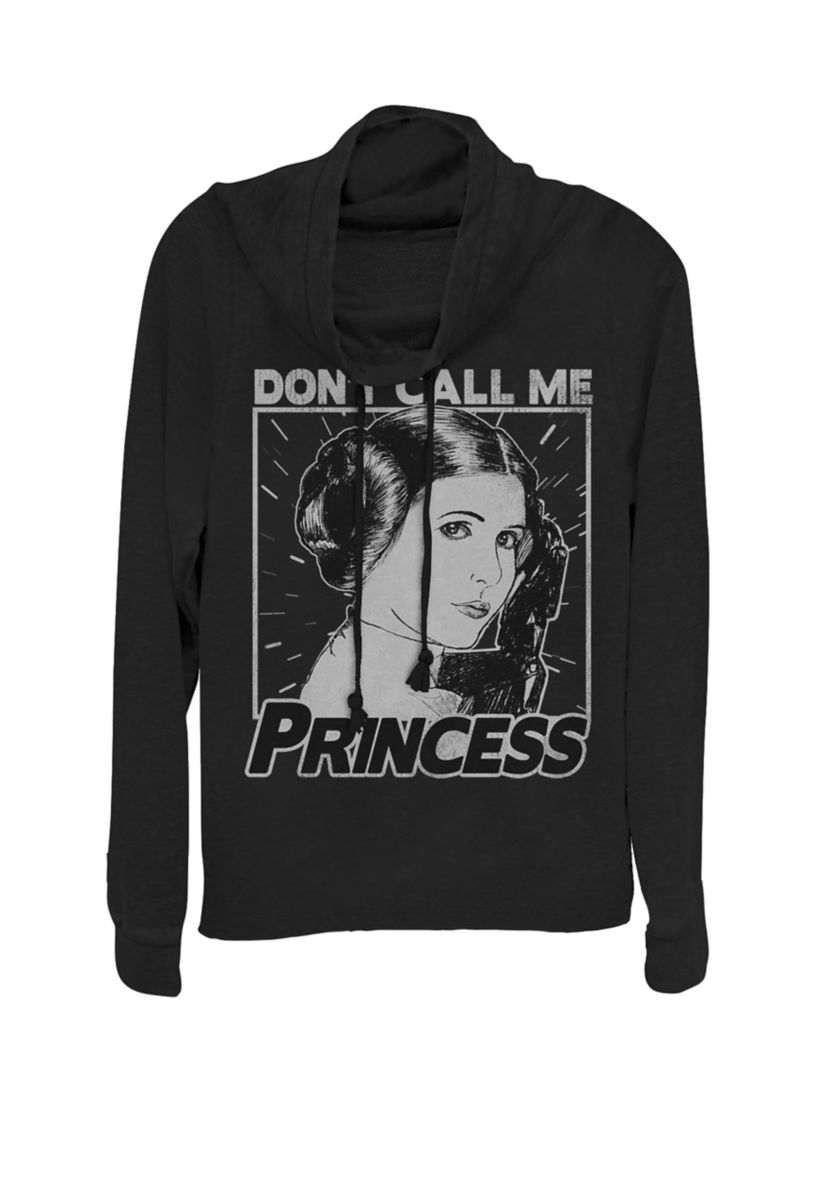 Juniors Leia Dont Call Me Princess Cowl Neck Graphic Pullover