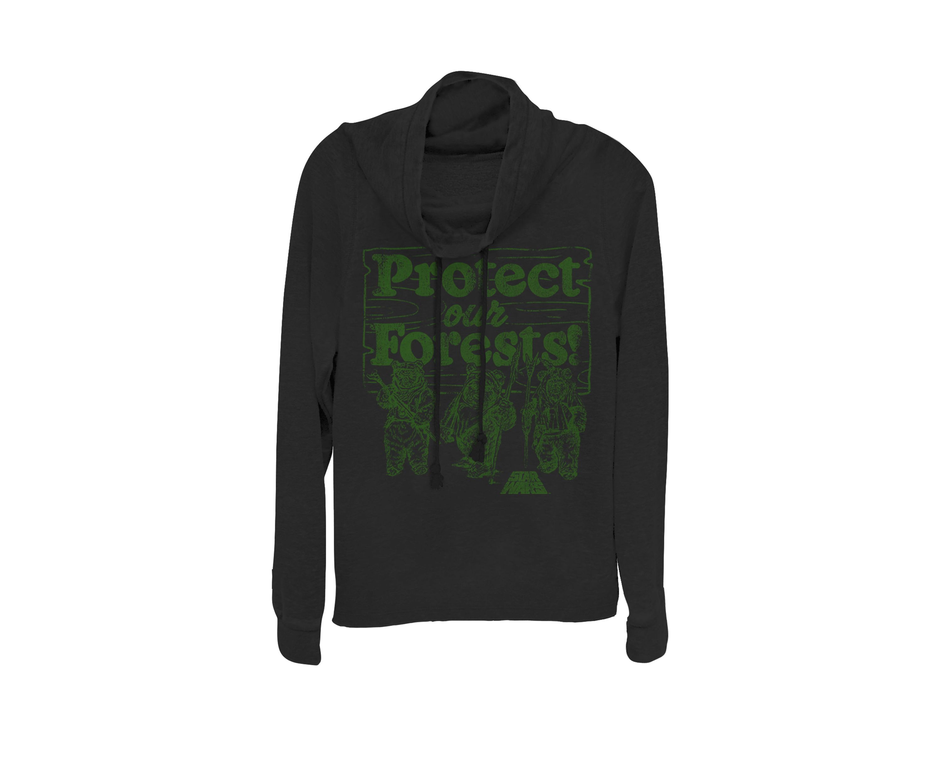 Juniors Ewoks Protect Our Forests Camp Cowl Neck Graphic Pullover