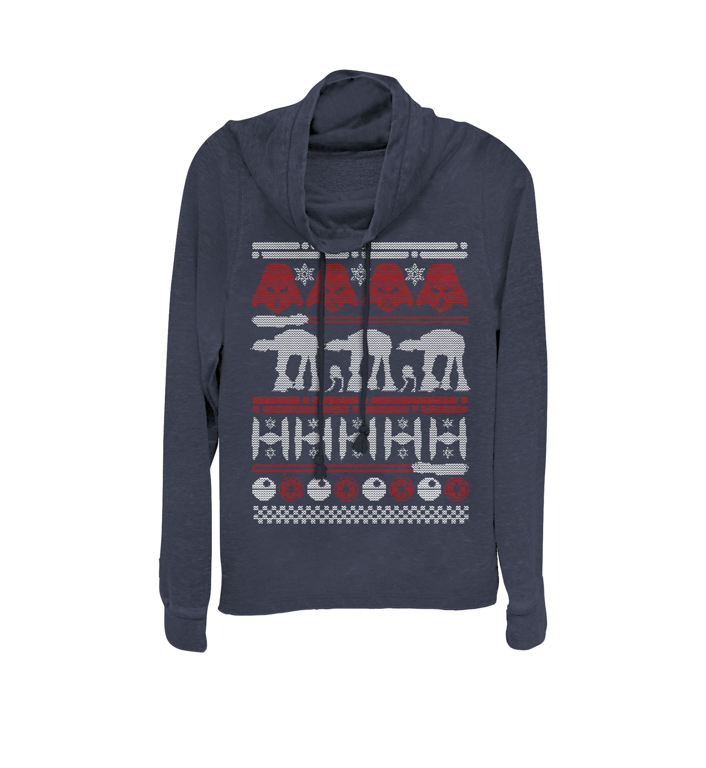 Juniors Darth Vader Tie Fighter Dark Side Ugly Sweater Cowl Neck Graphic Pullover