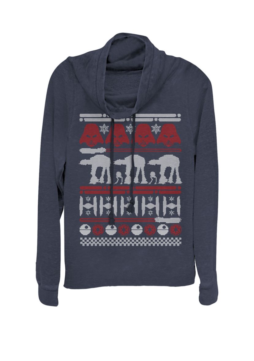 Juniors Darth Vader Tie Fighter Dark Side Ugly Sweater Cowl Neck Graphic Pullover