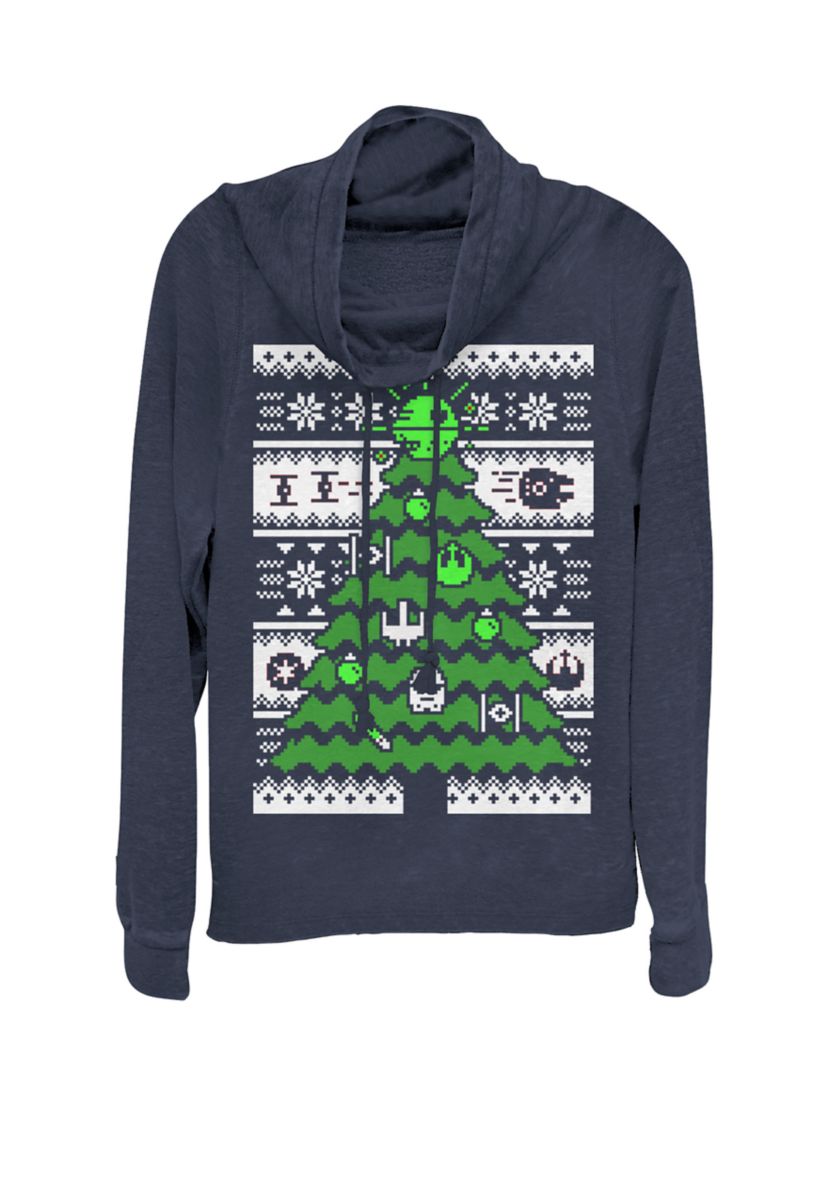 Death Star Christmas Tree Ugly Sweater Cowl Neck Pullover
