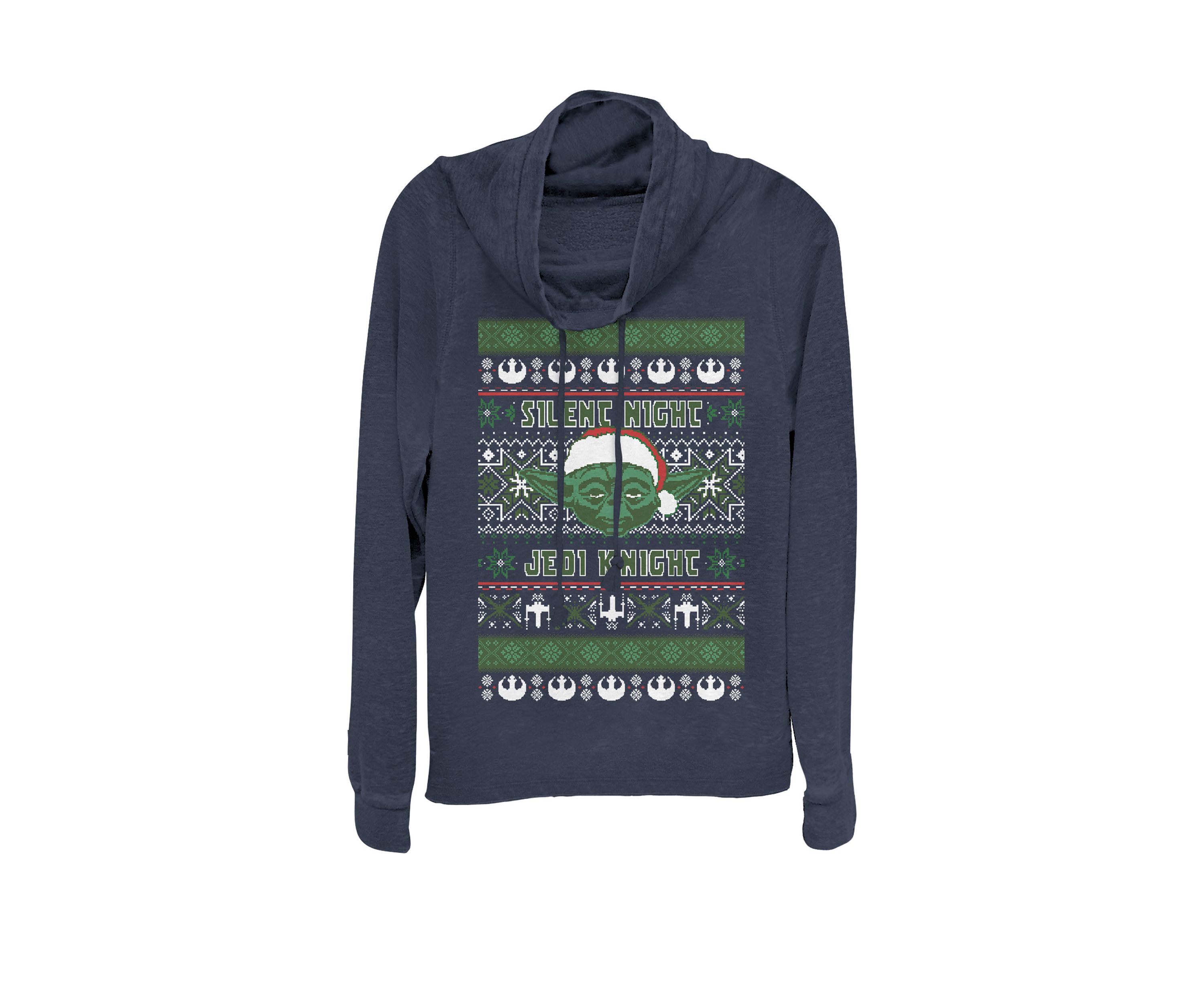 Yoda Silent Night Christmas Sweater Cowl Neck Graphic Pullover