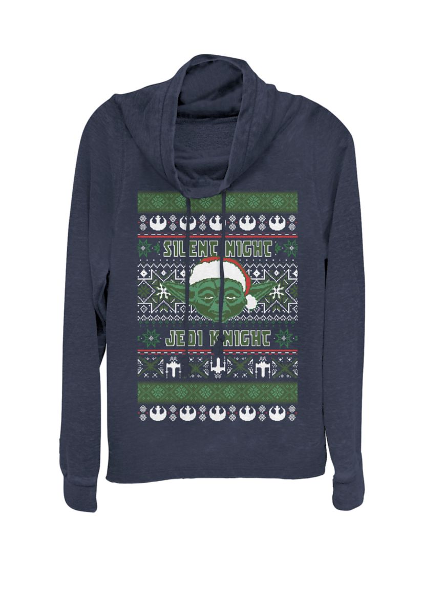 Yoda Silent Night Christmas Sweater Cowl Neck Graphic Pullover