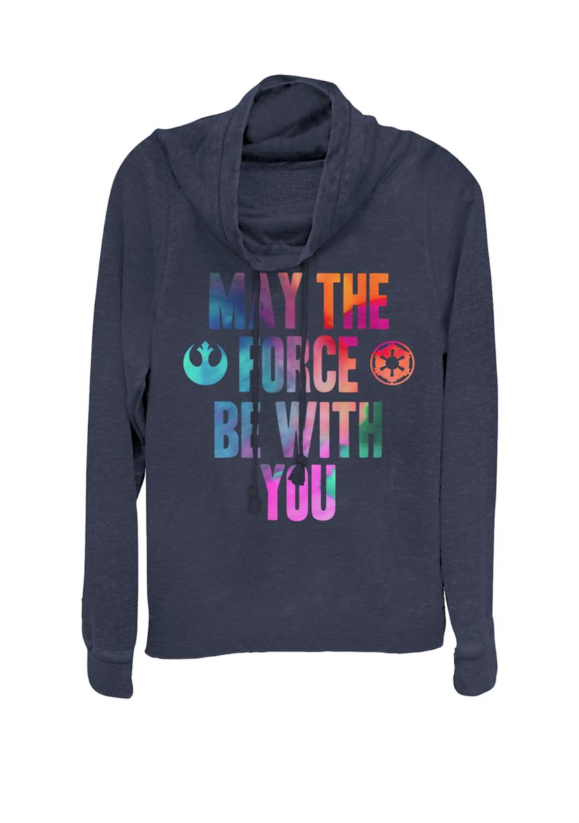 Rainbow Tie Dye May The Force Be With You Text Cowl Neck Graphic Pullover