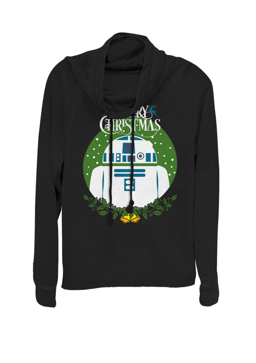 R2-D2 Merry Christmas Wreath Bells Cowl Neck Graphic Pullover