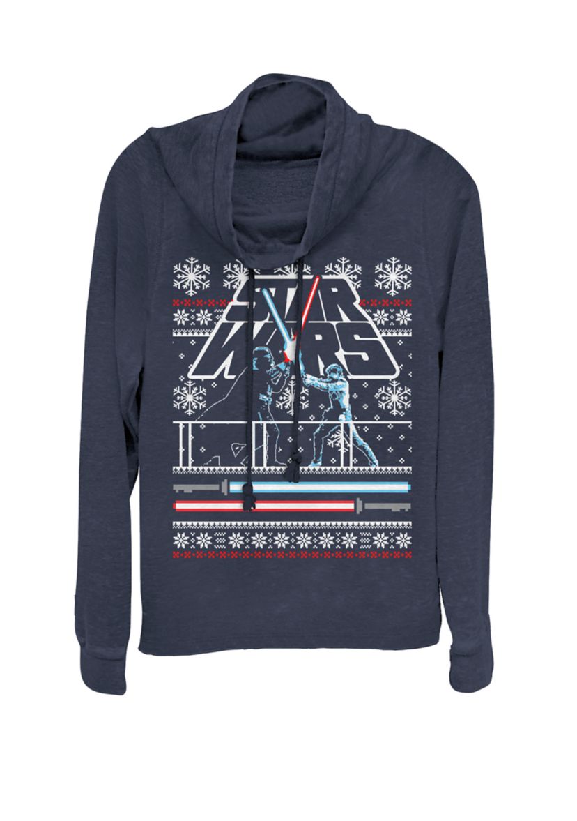 Darth Vader Luke Skywalker Duel Christmas Sweater Cowl Neck Graphic Pullover