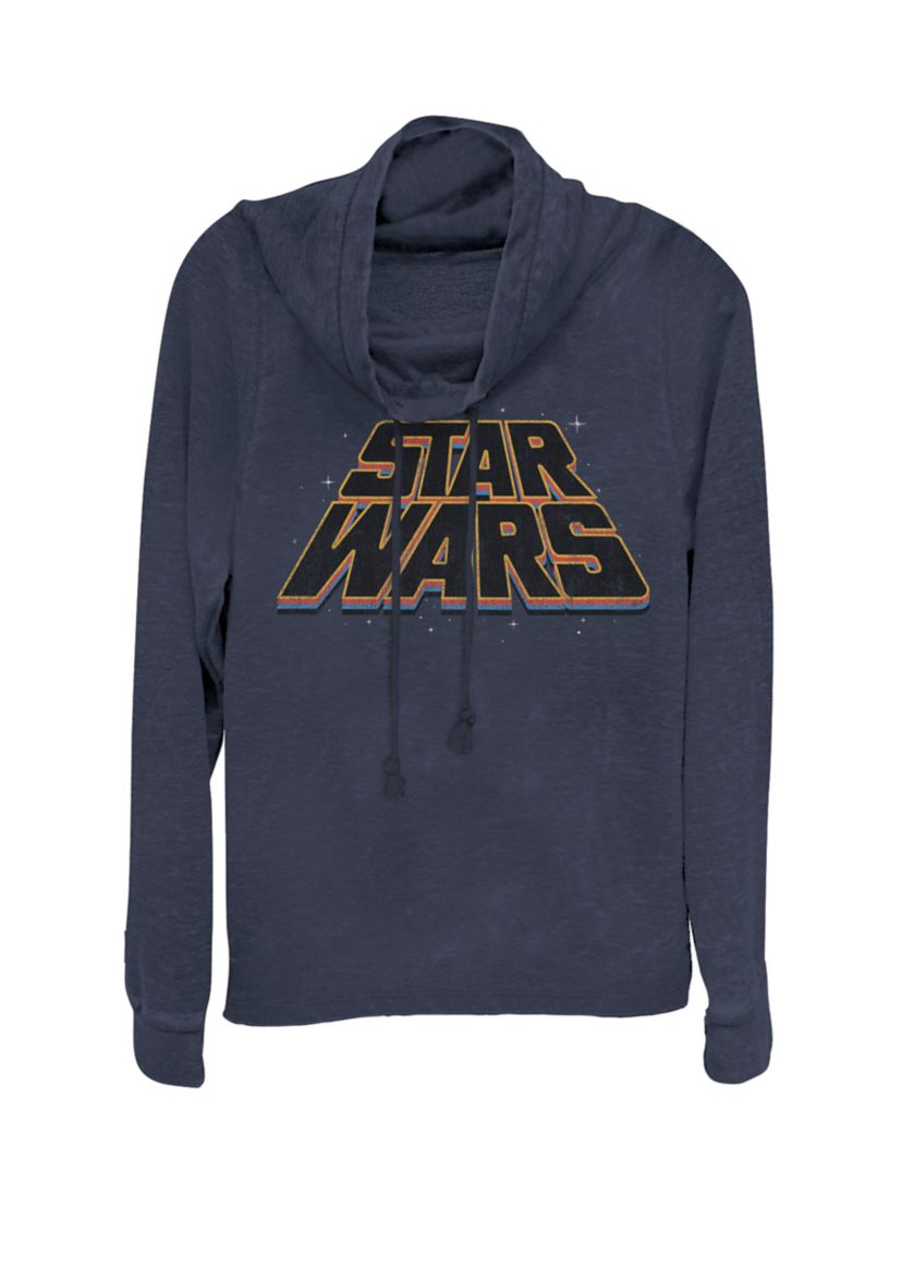 Layered Slanted Logo Vintage Style Cowl Neck Graphic Pullover