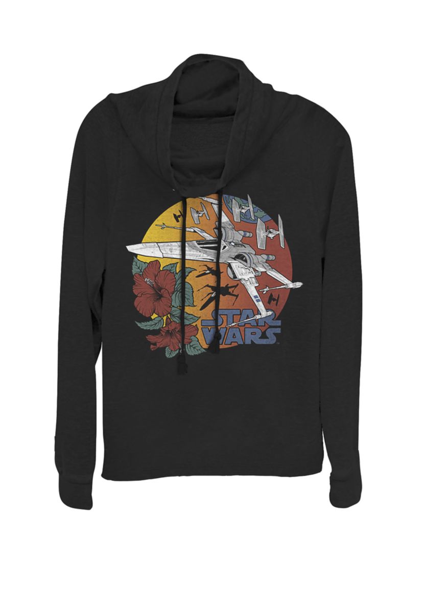 Rise Of Skywalker Retro Floral Sunrise X-Wing Fighters Cowl Neck Graphic Pullover