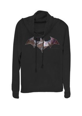 DC COMICS Women's Geometric Glass Bat Logo Cowl Neck Graphic Pullover, Black, XXL