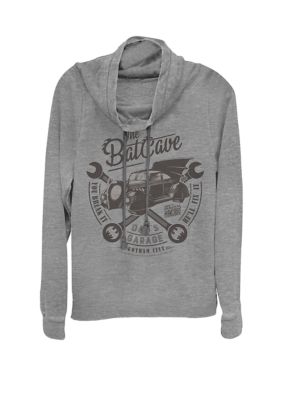DC COMICS Women's The Bat Cave Garage Logo Cowl Neck Pullover Sweater, Grey, XSmall