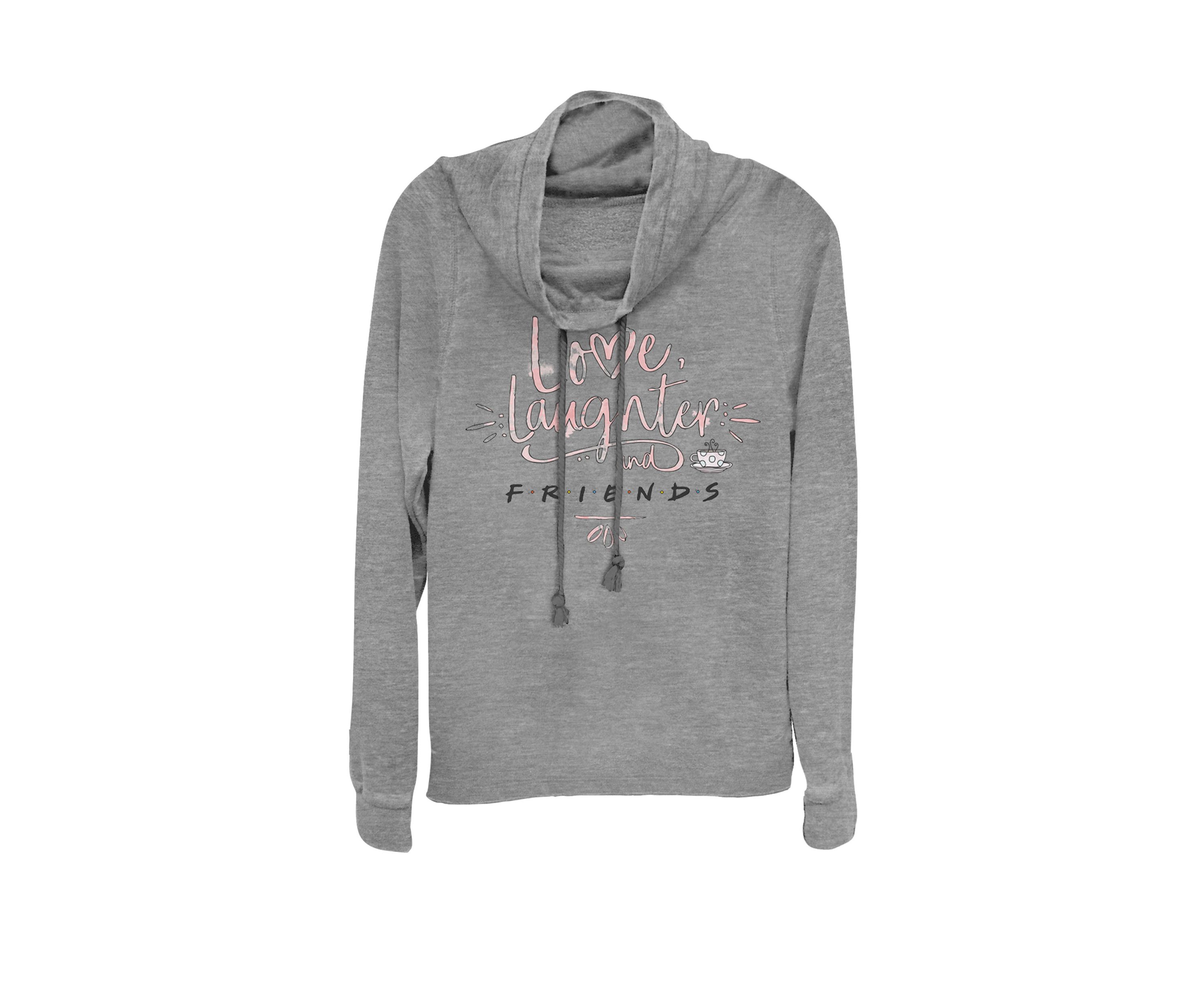 Love Laughter And F.R.I.E.N.D.S Text Cowl Neck Graphic Pullover