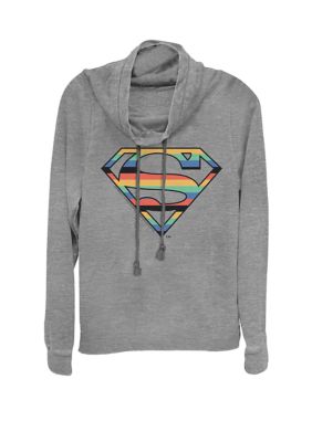 DC COMICS Women's Striped Super Logo Cowl Neck Graphic Pullover, Gray, XSmall