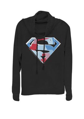 DC COMICS Women's Patchwork Pattern Super Logo Cowl Neck Graphic Pullover, Black, XXL