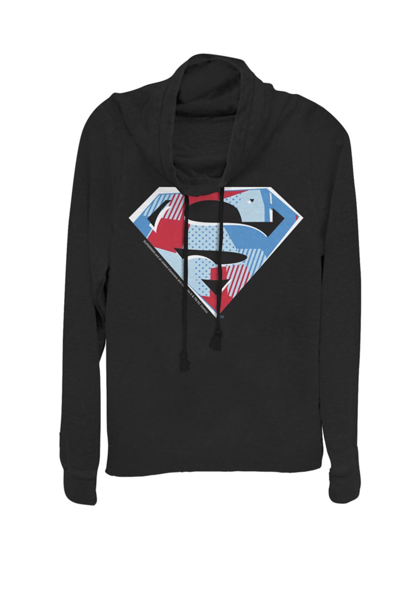 Patchwork Pattern Super Logo Cowl Neck Graphic Pullover