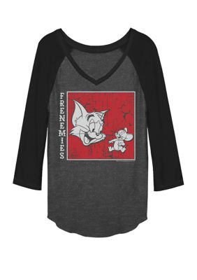 Fifth Sun Women's Cat And Mouse Frenemies Raglan Baseball T-Shirt, Black, XXL