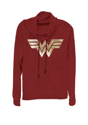 DC COMICS Women's Gold Metallic Logo Cowl Neck Pullover, Small