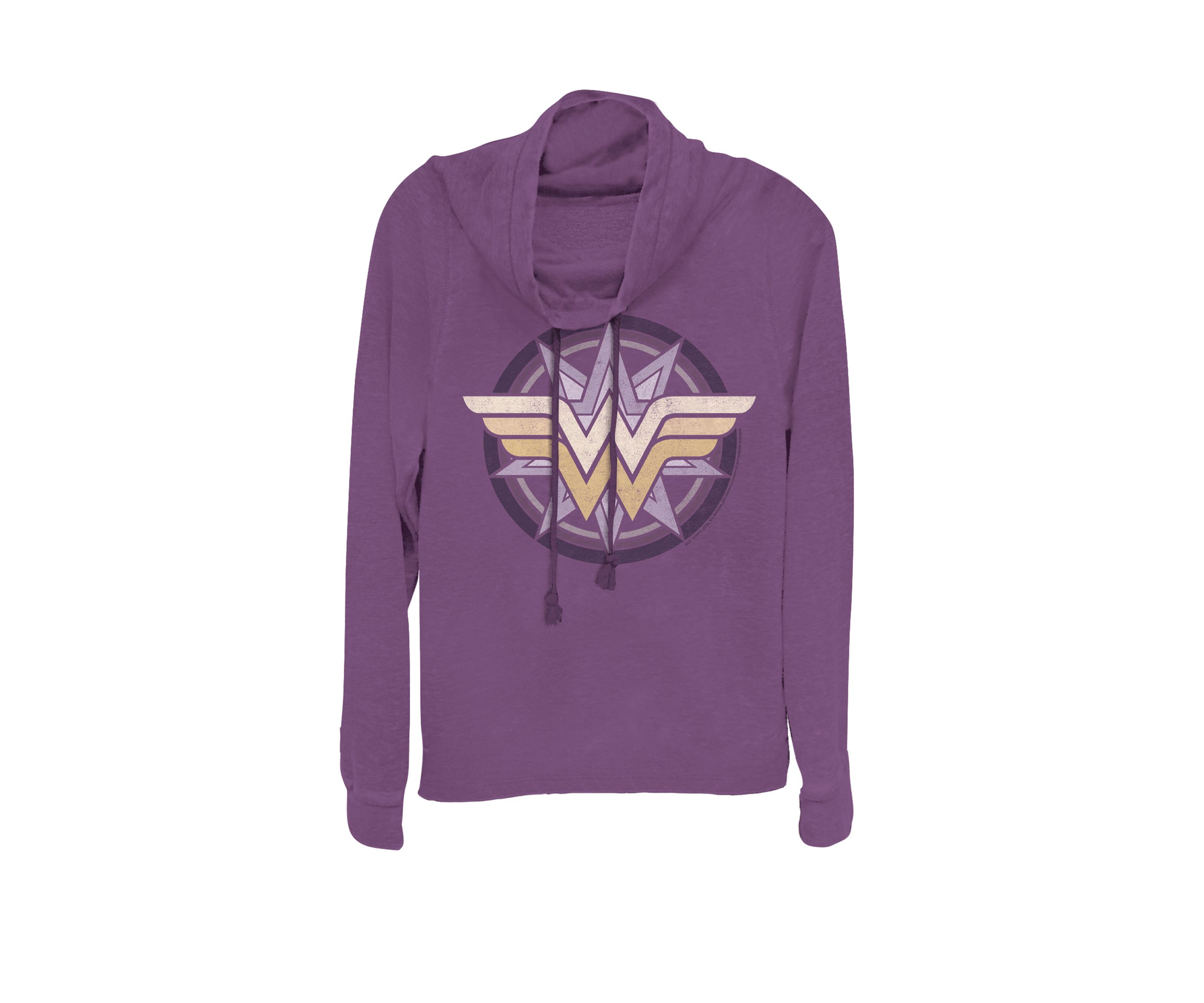 Juniors Retro Star Burst Logo Cowl Neck Graphic Pullover 