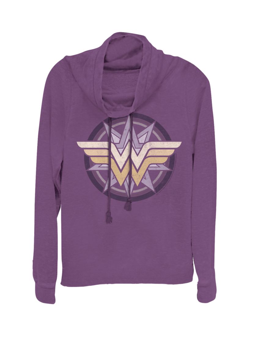 Juniors Retro Star Burst Logo Cowl Neck Graphic Pullover 