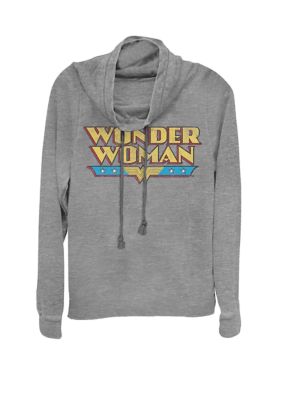 DC COMICS Women's Wonder Woman Retro Distressed Name Logo Cowl Neck Graphic Pullover, Grey, XSmall