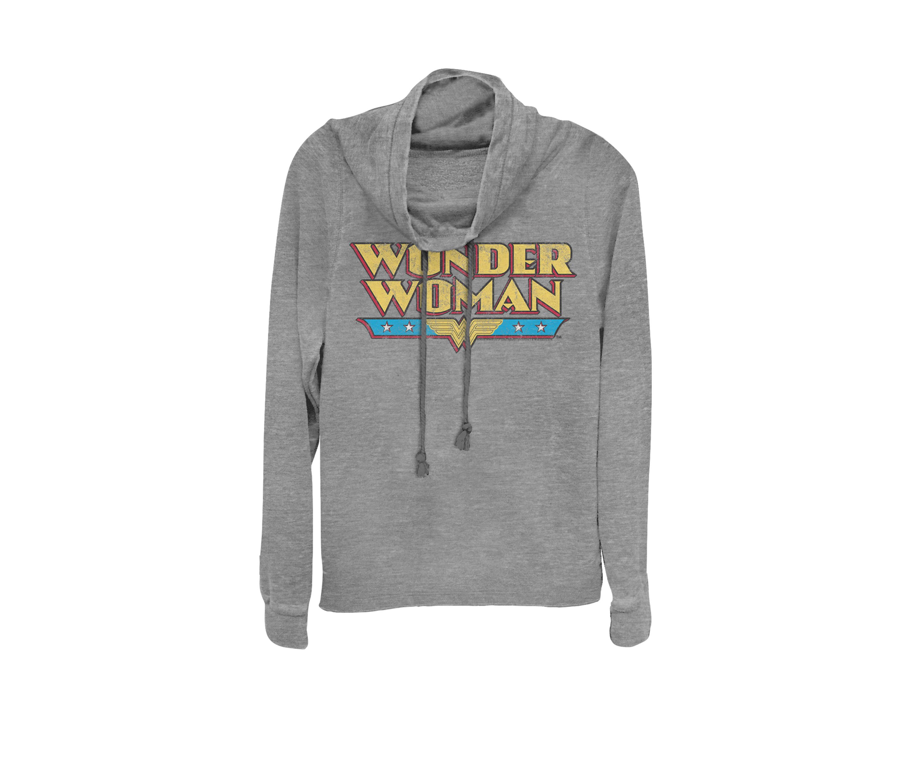Wonder Woman Retro Distressed Name Logo Cowl Neck Graphic Pullover