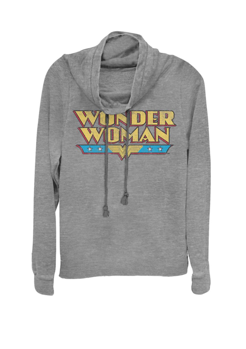 Wonder Woman Retro Distressed Name Logo Cowl Neck Graphic Pullover