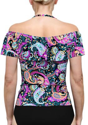 Parisian Paisley Cold Shoulder Tankini Swim Top