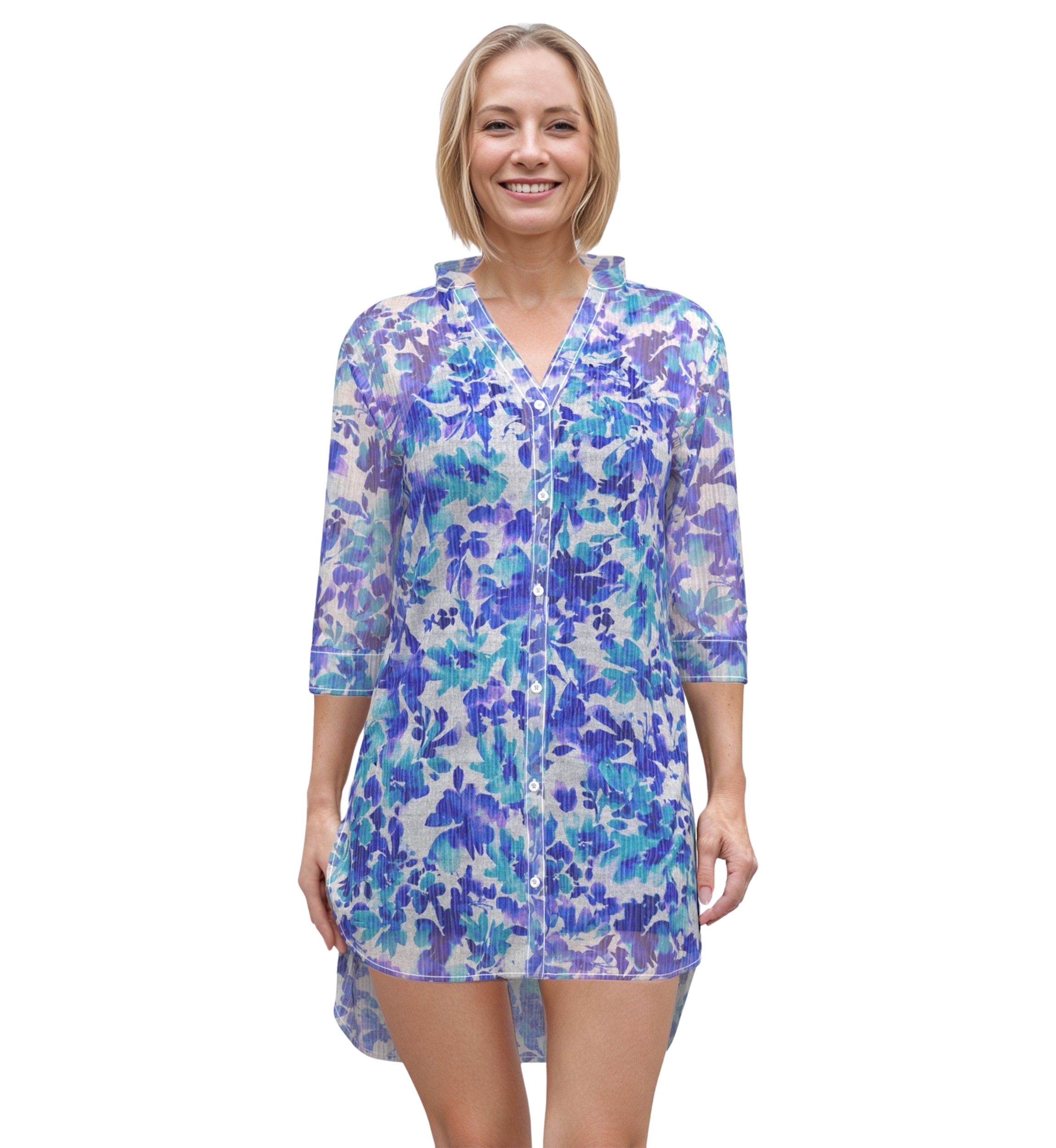 Water Lilies Long Sleeve Button Down Tunic Swim Cover-Up