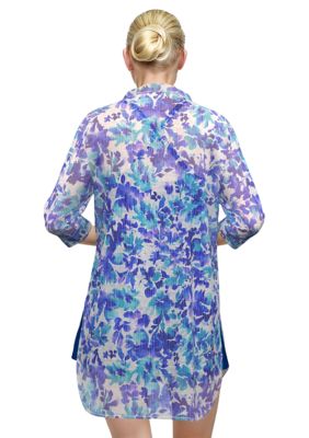 Water Lilies Long Sleeve Button Down Tunic Swim Cover-Up