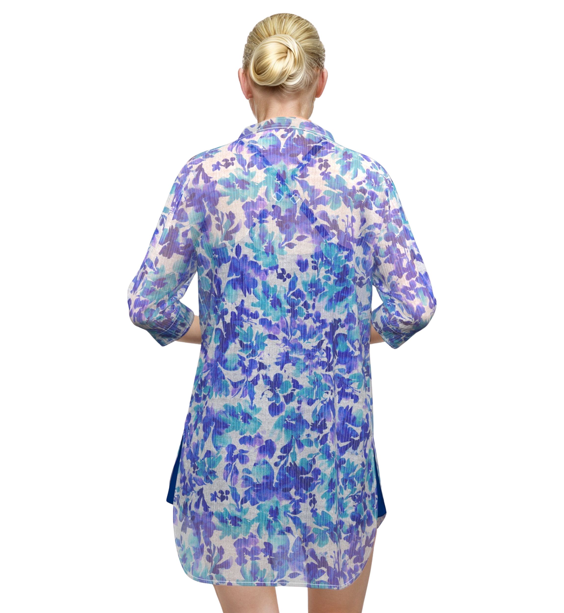 Water Lilies Long Sleeve Button Down Tunic Swim Cover-Up