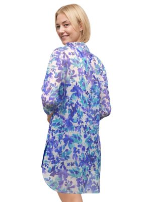 Water Lilies Long Sleeve Button Down Tunic Swim Cover-Up