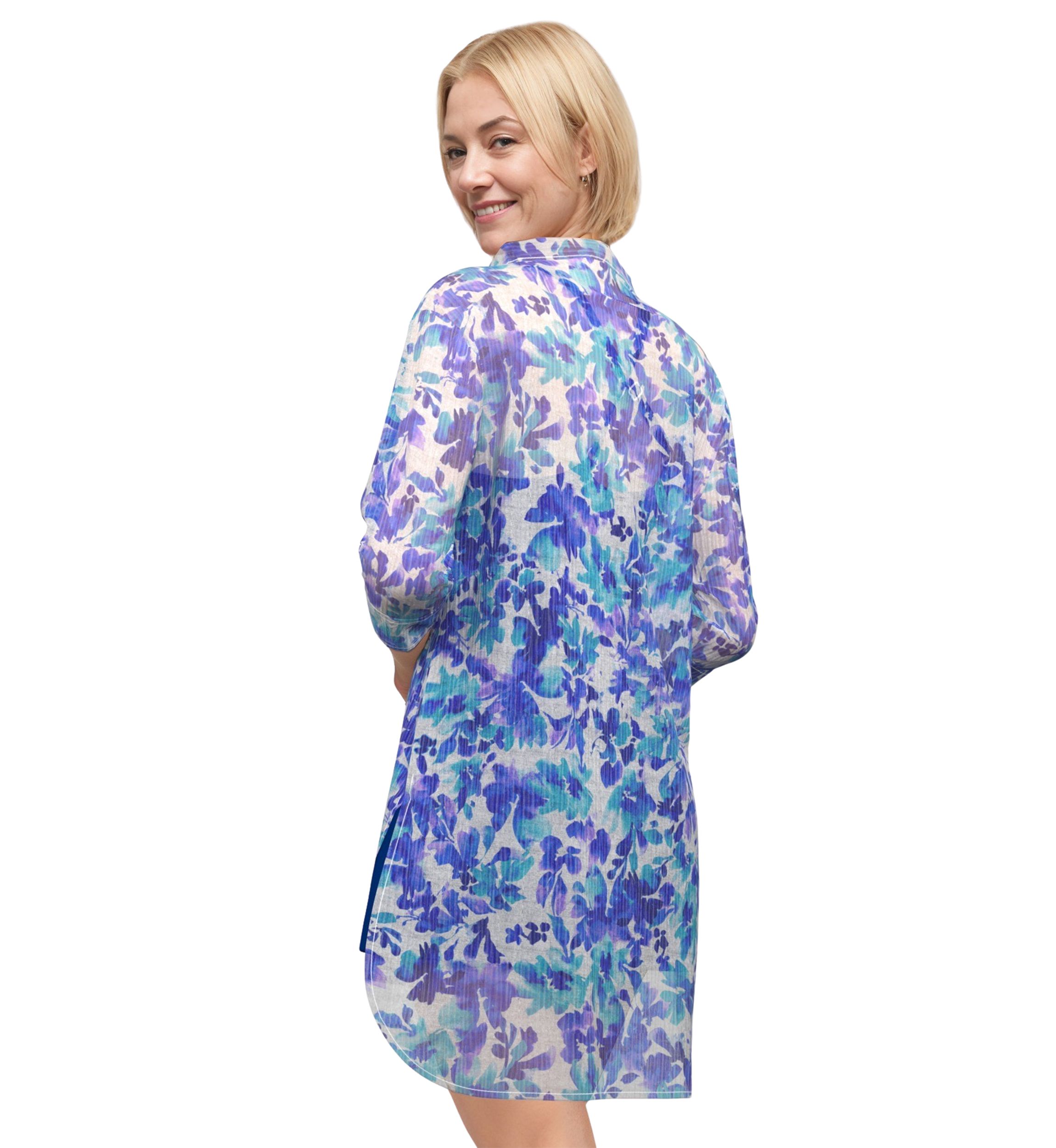 Water Lilies Long Sleeve Button Down Tunic Swim Cover-Up