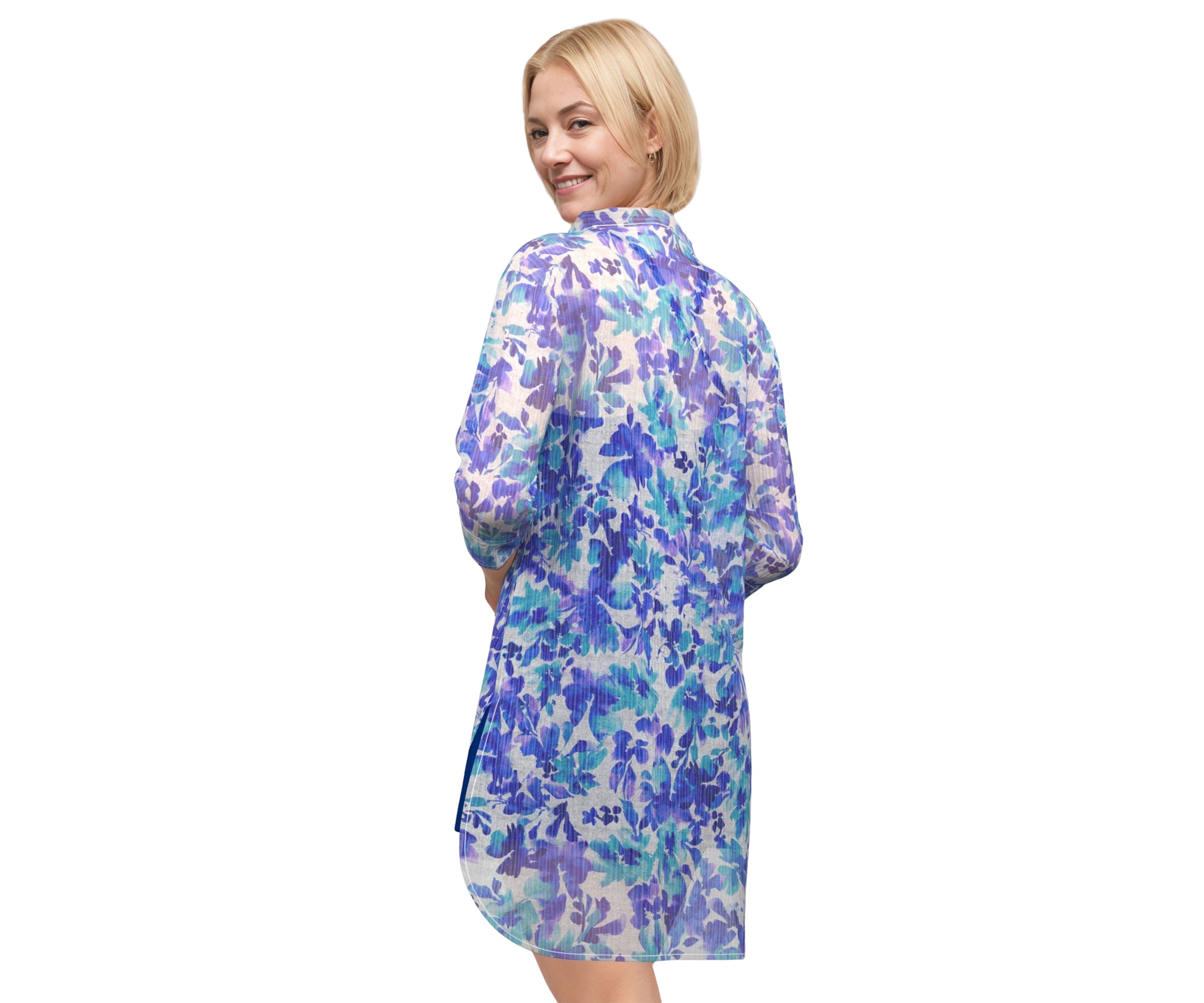 Water Lilies Long Sleeve Button Down Tunic Swim Cover-Up