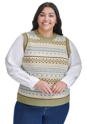 DKNY Jeans Women's Plus Size Mixed Media Fairisle Vest with Woven Shirting