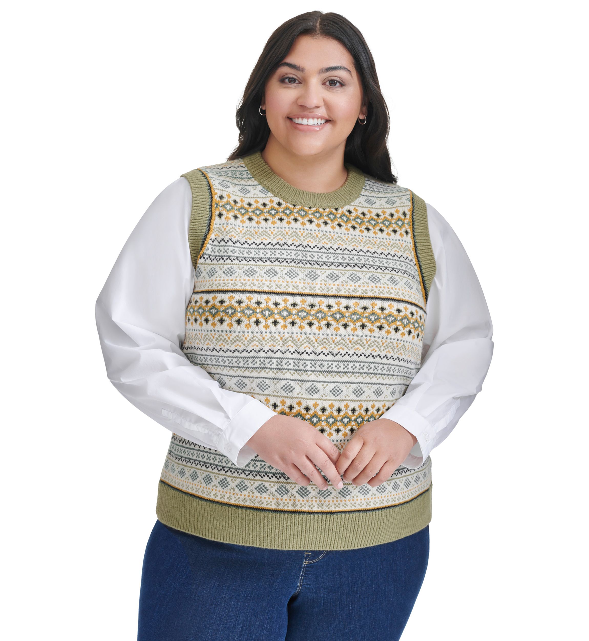 Plus Size Mixed Media Fairisle Vest with Woven Shirting
